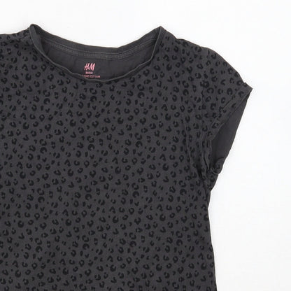 H&M Girls Grey Animal Print Cotton Basic T-Shirt Size 10 Years Round Neck Pullover - Leopard print