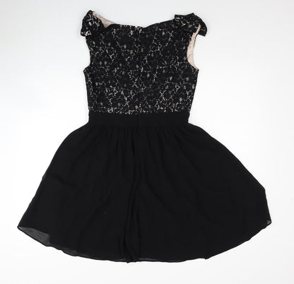 Little Mistress London Womens Black Cotton Fit & Flare Size 10 Off the Shoulder Zip - Lace Bodice