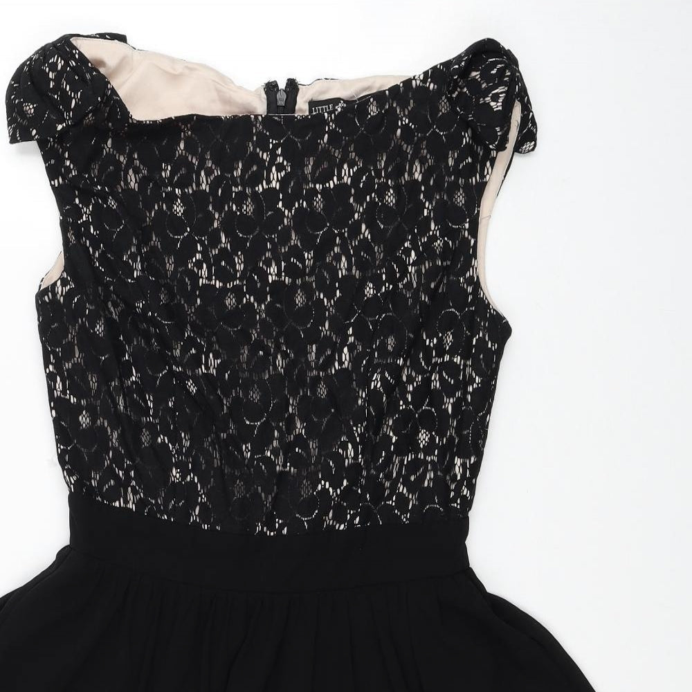 Little Mistress London Womens Black Cotton Fit & Flare Size 10 Off the Shoulder Zip - Lace Bodice