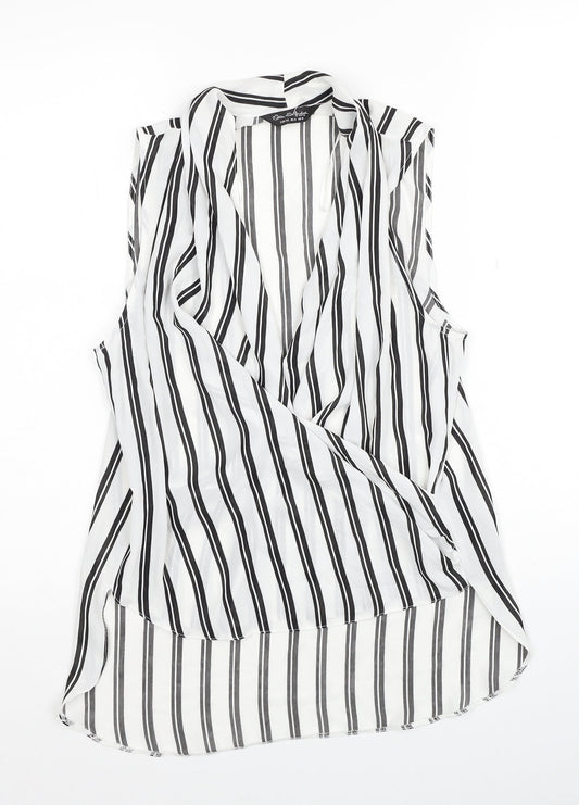 Miss Selfridge Womens White Striped Polyester Basic Blouse Size 10 V-Neck