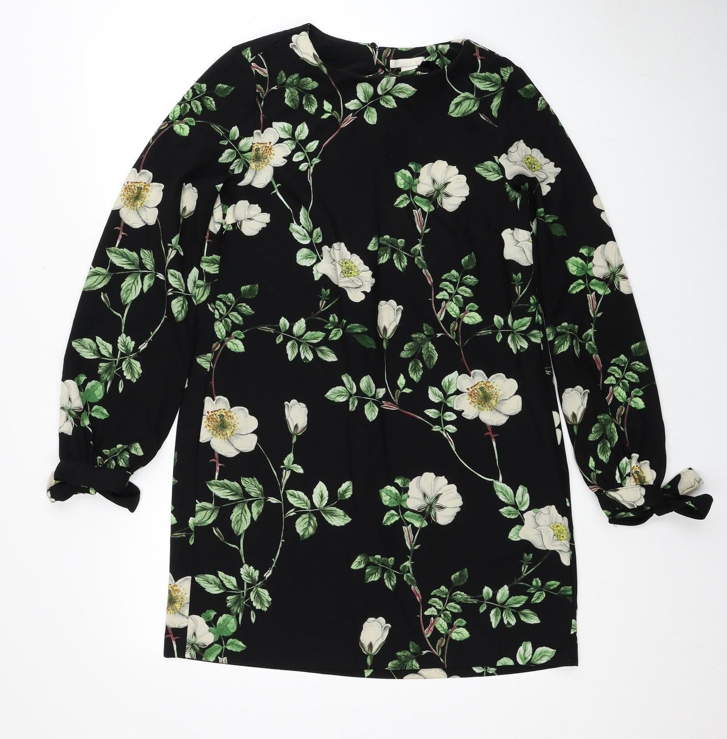 H&M Womens Black Floral Polyester Shift Size 8 Scoop Neck Pullover - Tie Sleeve Detail