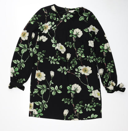 H&M Womens Black Floral Polyester Shift Size 8 Scoop Neck Pullover - Tie Sleeve Detail