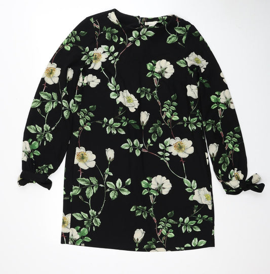 H&M Womens Black Floral Polyester Shift Size 8 Scoop Neck Pullover - Tie Sleeve Detail