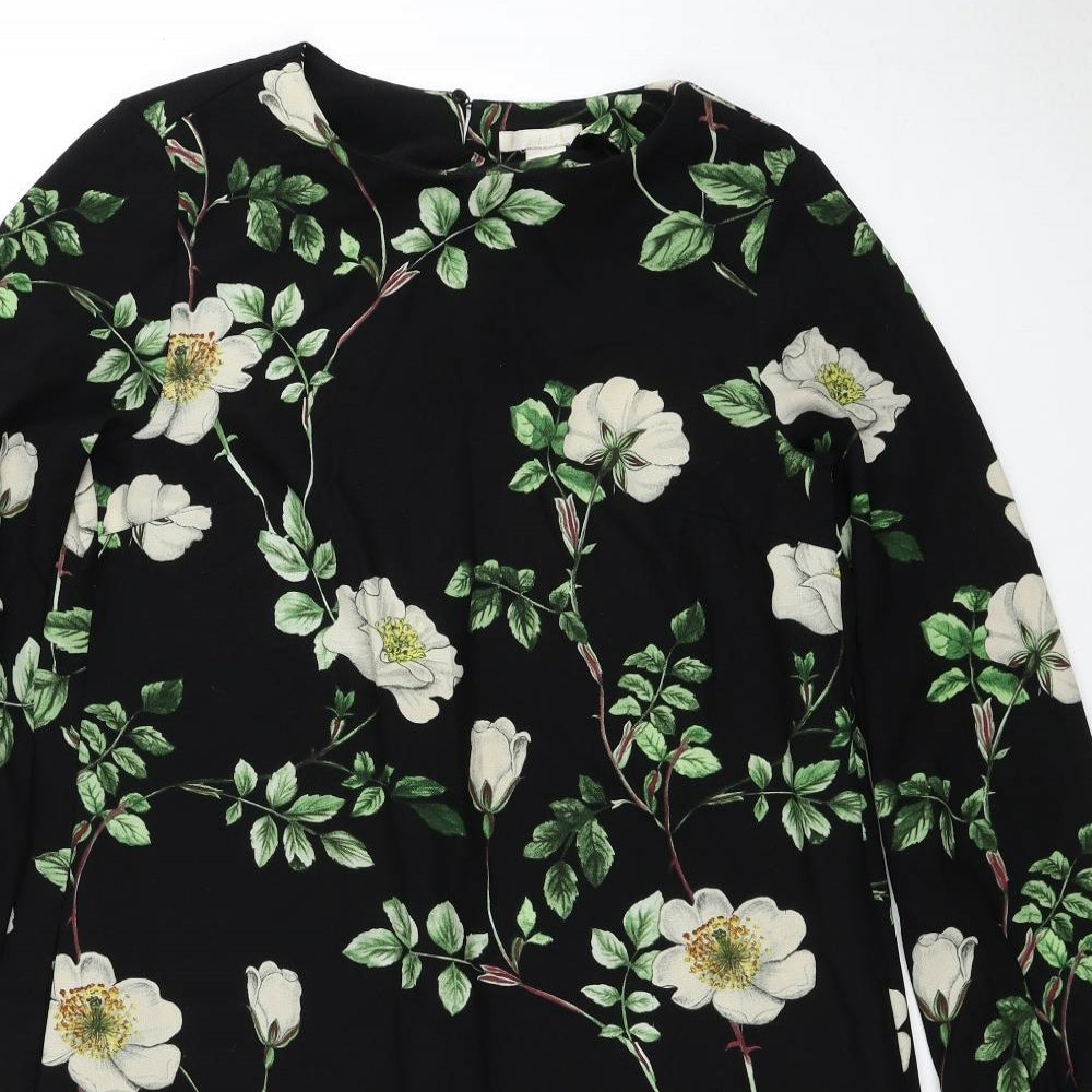 H&M Womens Black Floral Polyester Shift Size 8 Scoop Neck Pullover - Tie Sleeve Detail