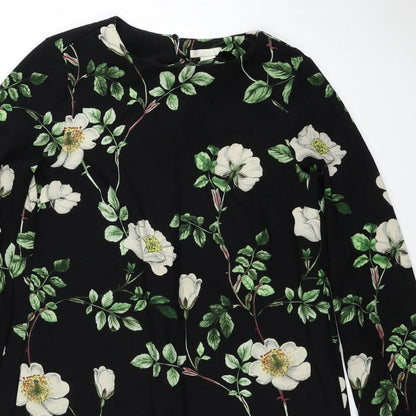 H&M Womens Black Floral Polyester Shift Size 8 Scoop Neck Pullover - Tie Sleeve Detail