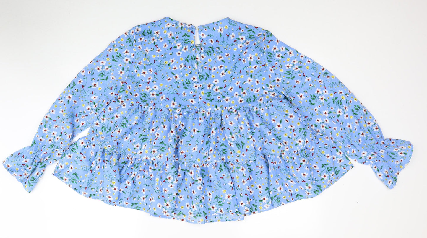 AX Paris Womens Blue Floral Polyester Basic Blouse Size 10 Round Neck