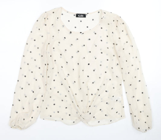 George Womens Ivory Polka Dot Polyester Basic Blouse Size 8 Round Neck - Knot Front