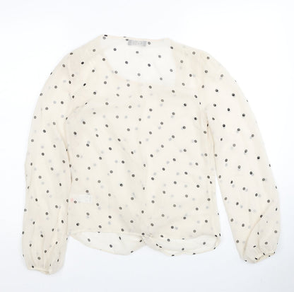 George Womens Ivory Polka Dot Polyester Basic Blouse Size 8 Round Neck - Knot Front
