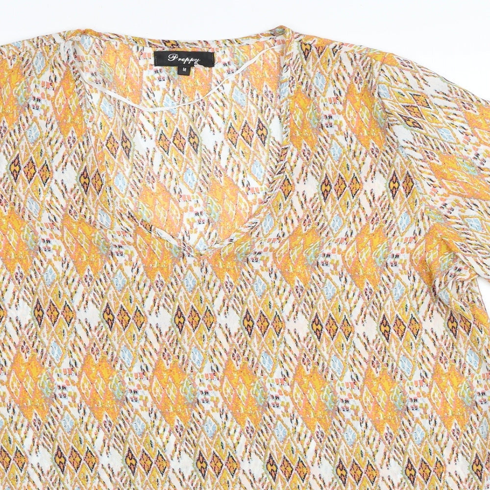 Preppy Womens Orange Geometric Polyester Basic Blouse Size M Scoop Neck