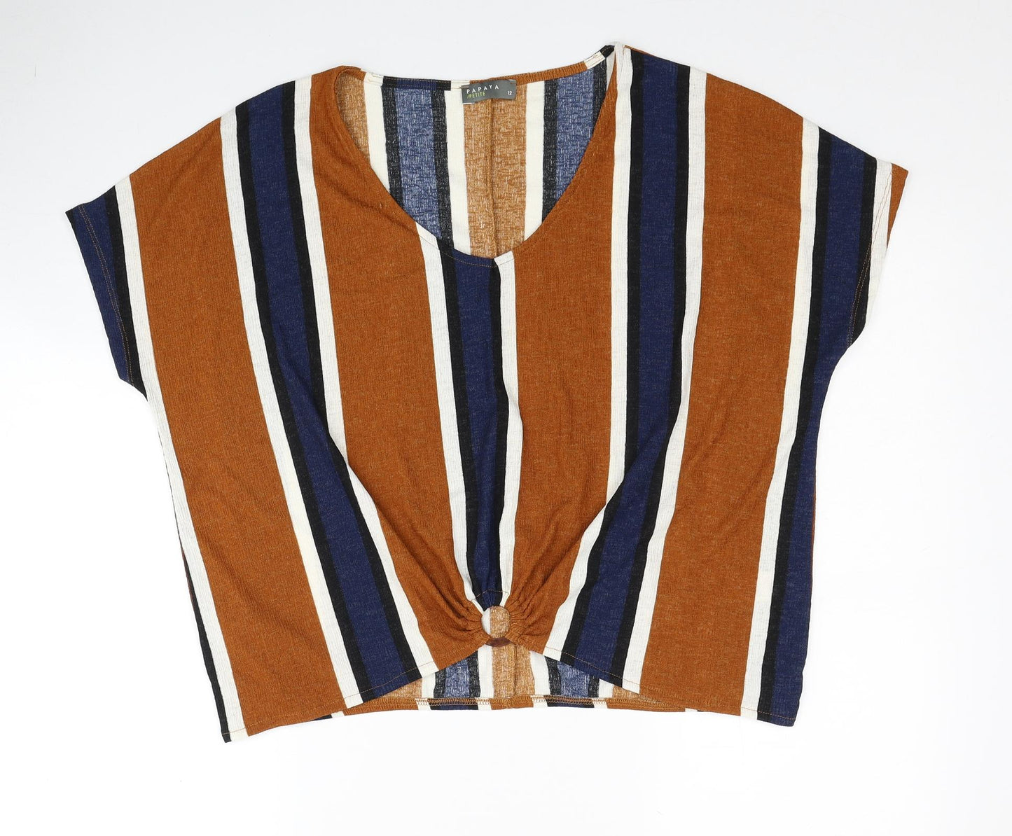 Papaya Womens Brown Striped Polyester Cropped T-Shirt Size 12 Scoop Neck