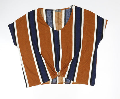 Papaya Womens Brown Striped Polyester Cropped T-Shirt Size 12 Scoop Neck