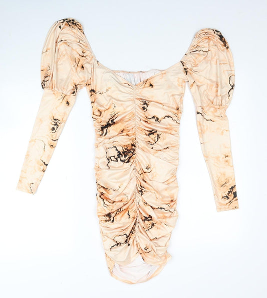 ASOS Womens Beige Tie Dye Polyester Bodycon Size 4 Off the Shoulder Pullover - Balloon Sleeve