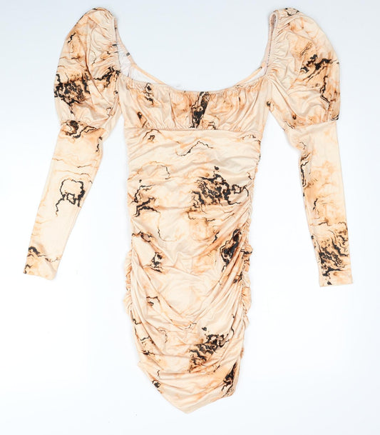ASOS Womens Beige Tie Dye Polyester Bodycon Size 4 Off the Shoulder Pullover - Balloon Sleeve