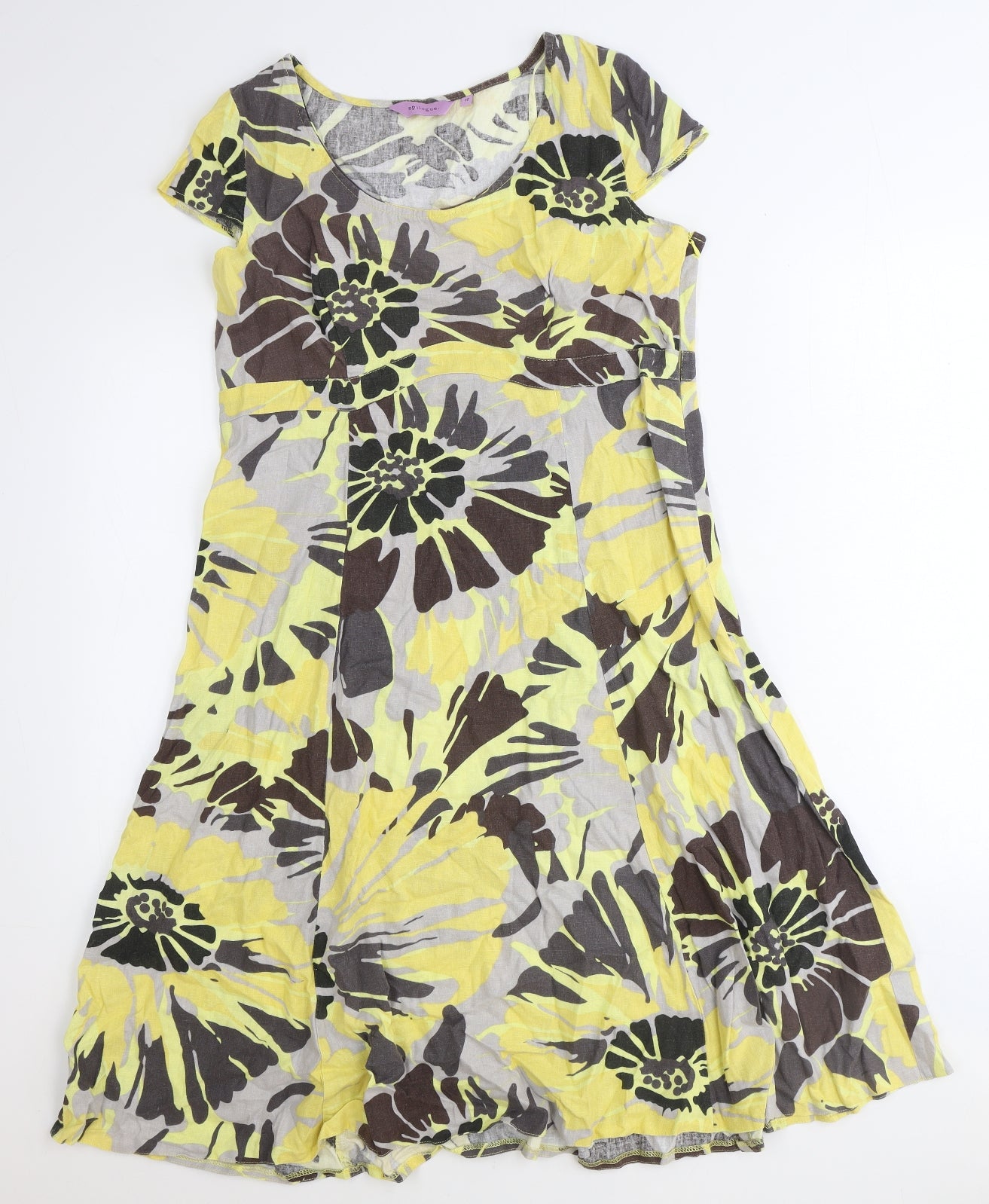 Epilogue Womens Yellow Floral Linen A-Line Size 12 Scoop Neck Zip