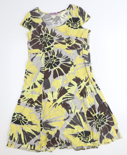 Epilogue Womens Yellow Floral Linen A-Line Size 12 Scoop Neck Zip