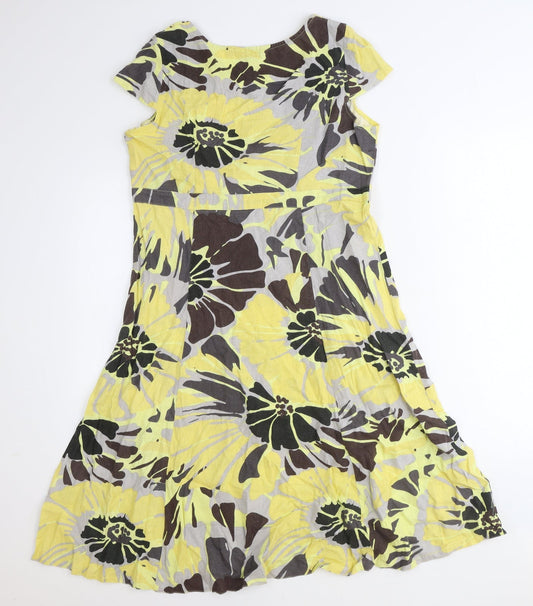 Epilogue Womens Yellow Floral Linen A-Line Size 12 Scoop Neck Zip