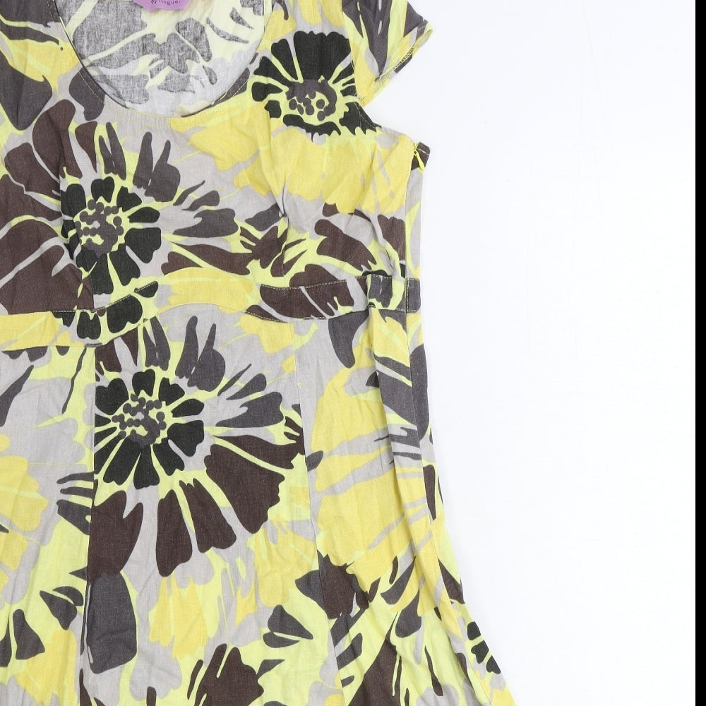 Epilogue Womens Yellow Floral Linen A-Line Size 12 Scoop Neck Zip