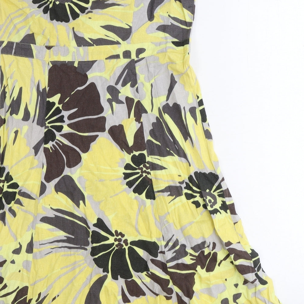 Epilogue Womens Yellow Floral Linen A-Line Size 12 Scoop Neck Zip