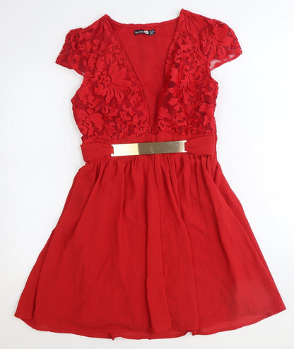 Boohoo Womens Red Floral Polyester Ball Gown Size 10 V-Neck Zip