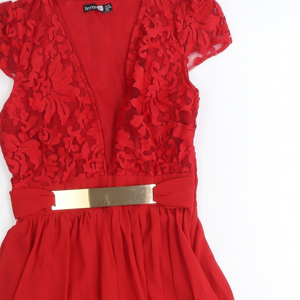 Boohoo Womens Red Floral Polyester Ball Gown Size 10 V-Neck Zip