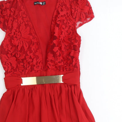 Boohoo Womens Red Floral Polyester Ball Gown Size 10 V-Neck Zip