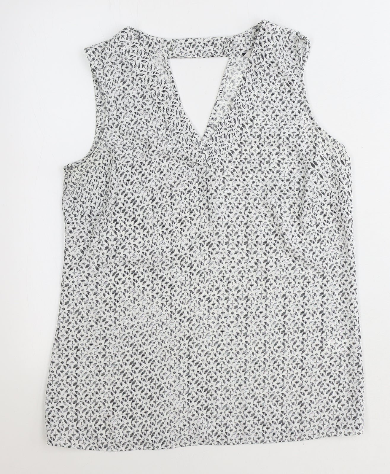 TU Womens White Geometric Polyester Basic Tank Size 8 V-Neck