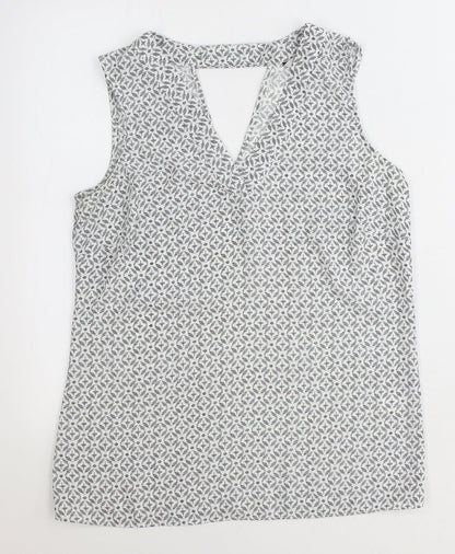 TU Womens White Geometric Polyester Basic Tank Size 8 V-Neck