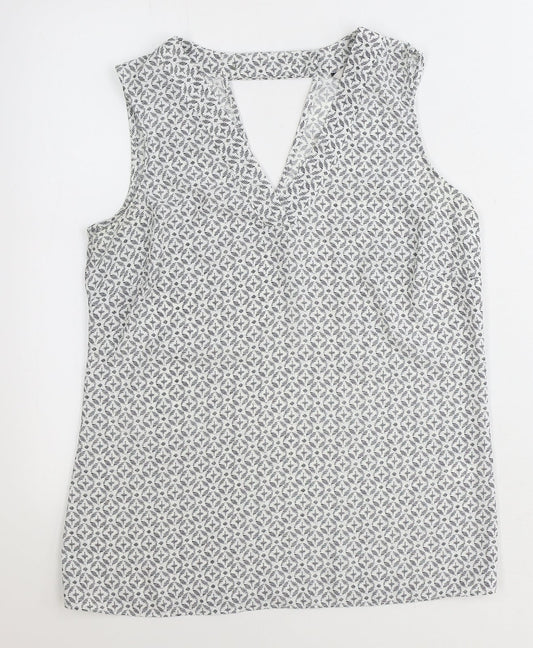 TU Womens White Geometric Polyester Basic Tank Size 8 V-Neck