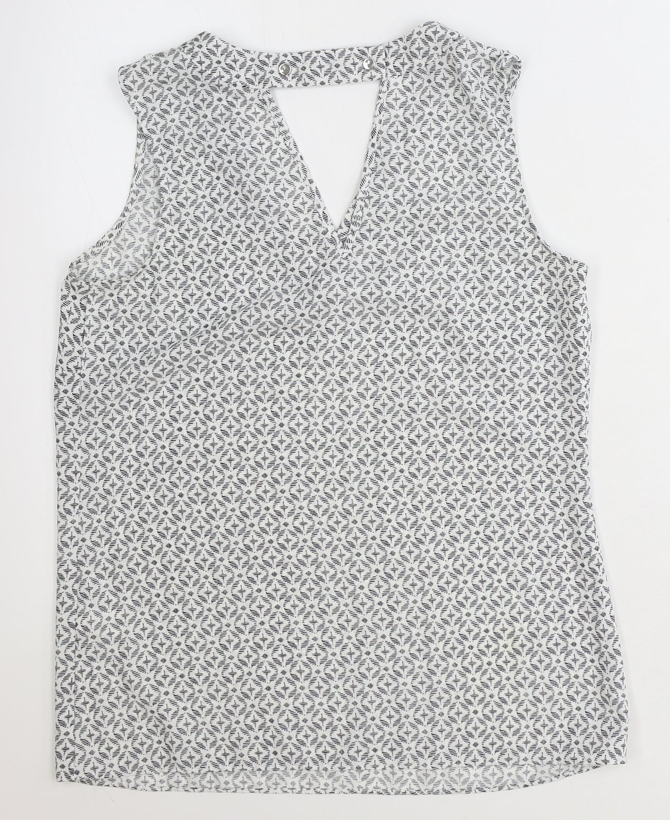 TU Womens White Geometric Polyester Basic Tank Size 8 V-Neck