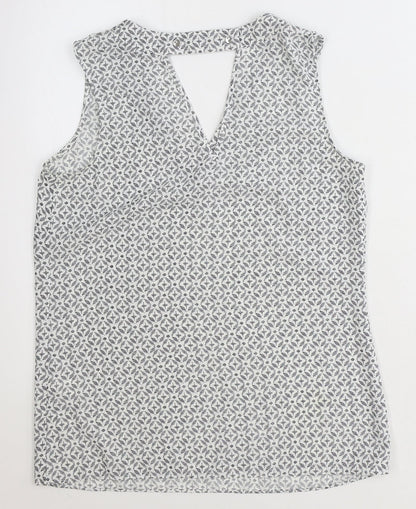 TU Womens White Geometric Polyester Basic Tank Size 8 V-Neck