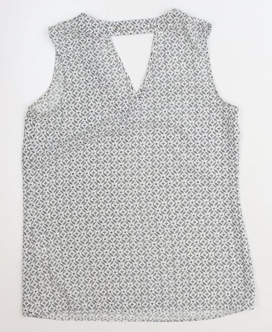 TU Womens White Geometric Polyester Basic Tank Size 8 V-Neck