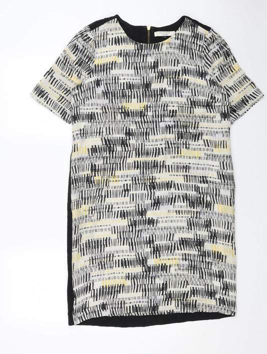 John Lewis Womens Black Geometric Viscose Shift Size 12 Round Neck Zip