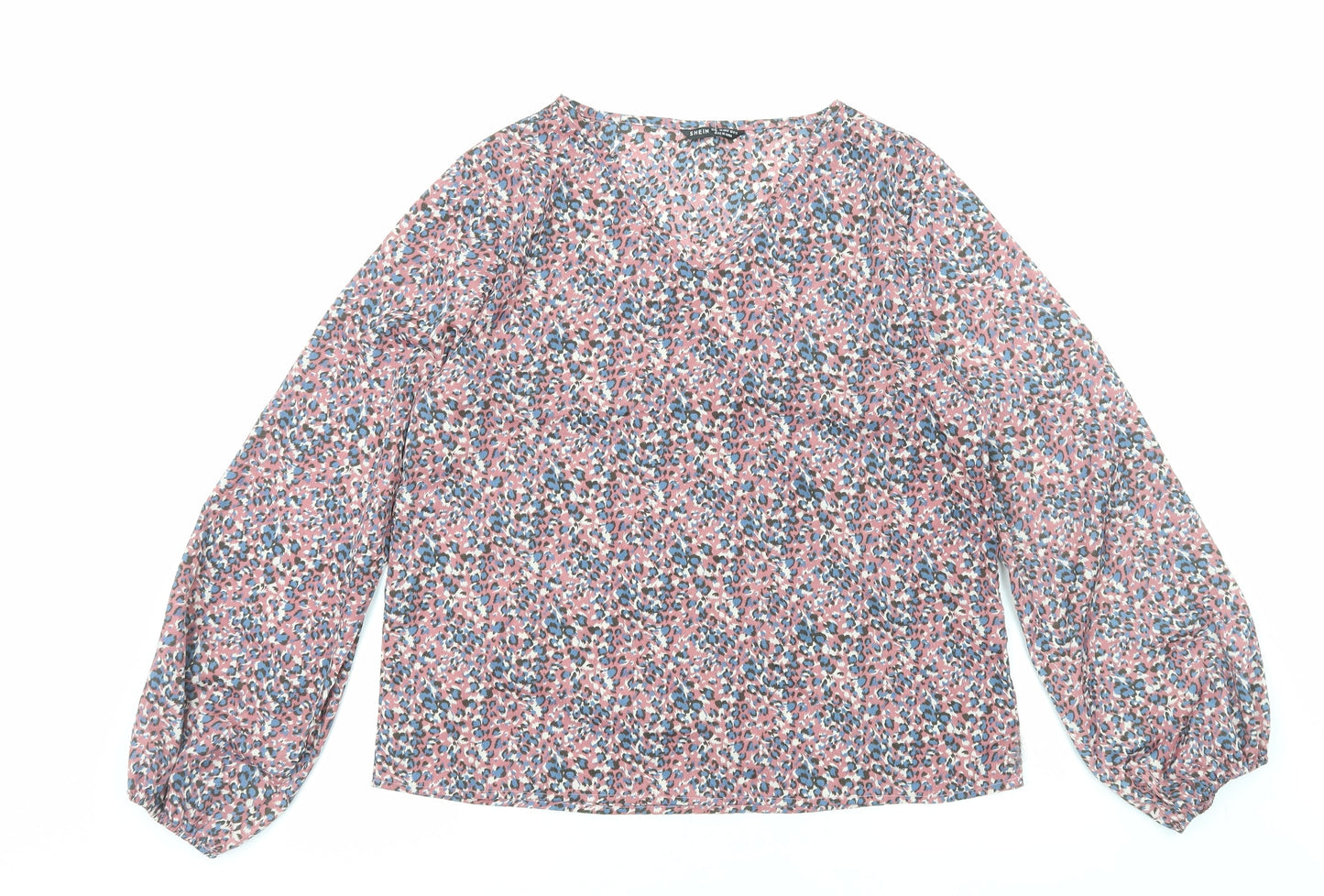 SheIn Womens Pink Geometric Polyester Basic Blouse Size L V-Neck