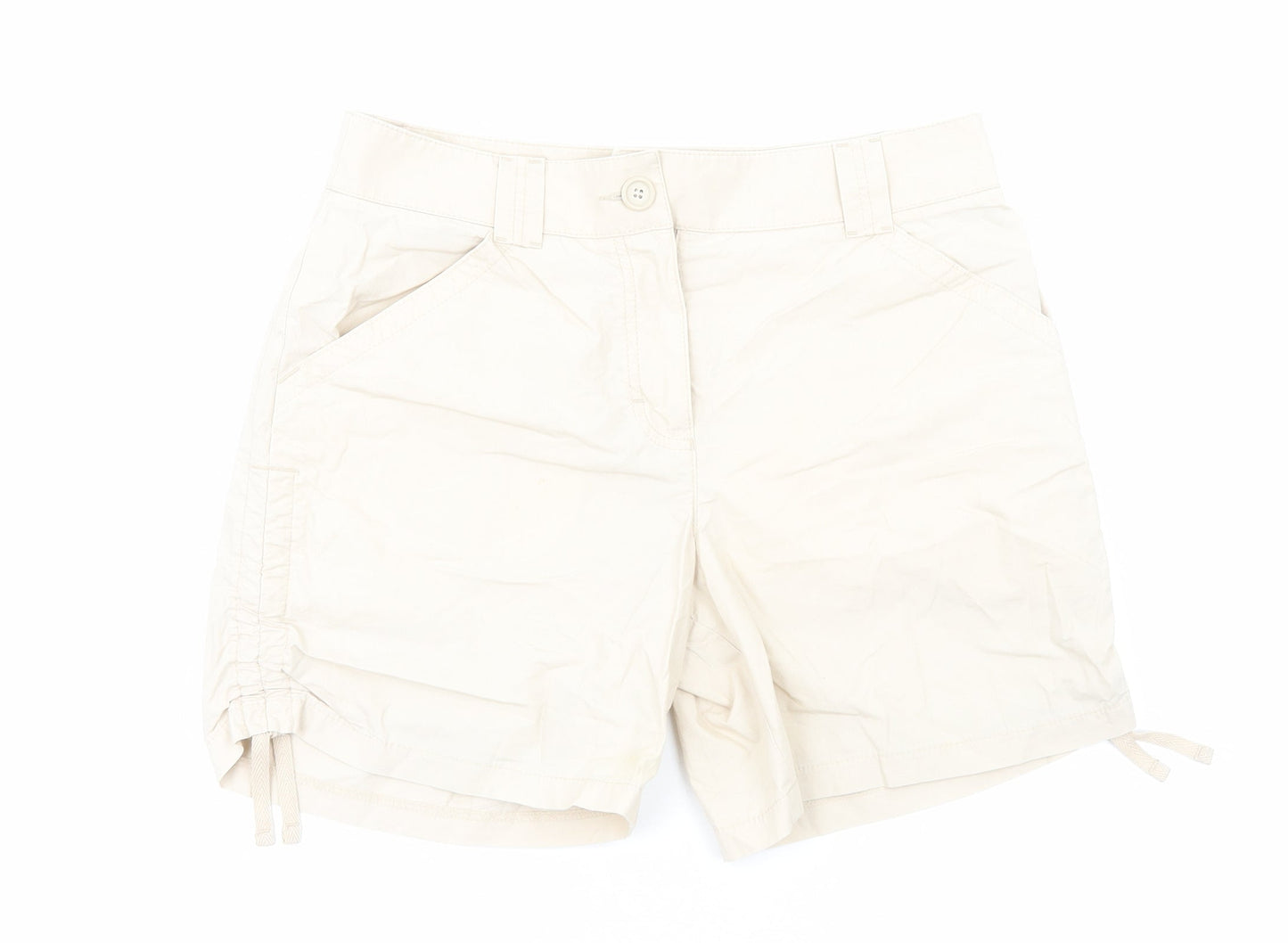 Marks and Spencer Womens Beige Cotton Chino Shorts Size 12 Regular Zip - Ruched Detail