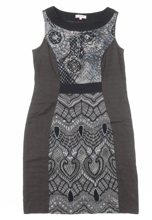 Per Una Womens Grey Geometric Cotton Shift Size 14 Round Neck Zip