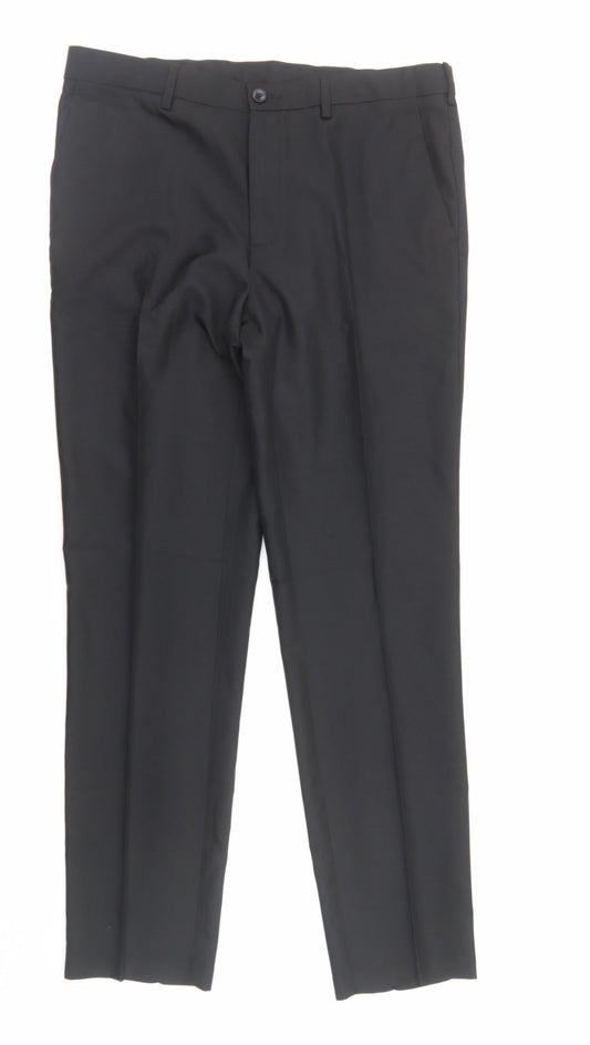 Marks and Spencer Mens Black Viscose Dress Pants Trousers Size L Regular Zip