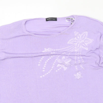 Eye Design Womens Purple Floral Polyester Basic T-Shirt Size M Round Neck