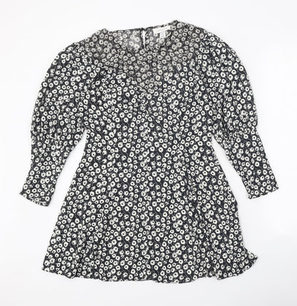 Topshop Womens Black Floral Polyester A-Line Size 10 Round Neck Zip