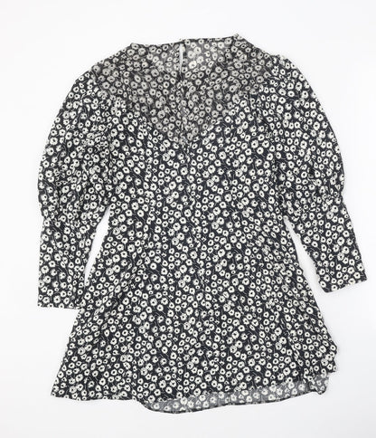 Topshop Womens Black Floral Polyester A-Line Size 10 Round Neck Zip