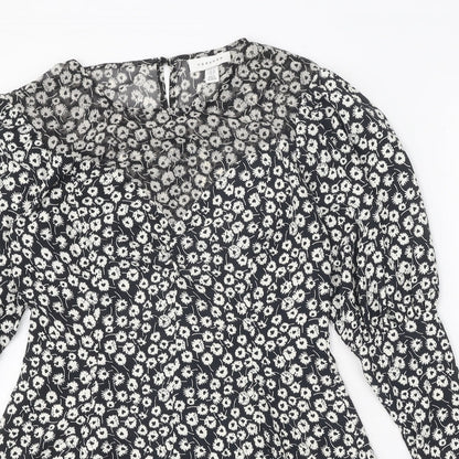 Topshop Womens Black Floral Polyester A-Line Size 10 Round Neck Zip