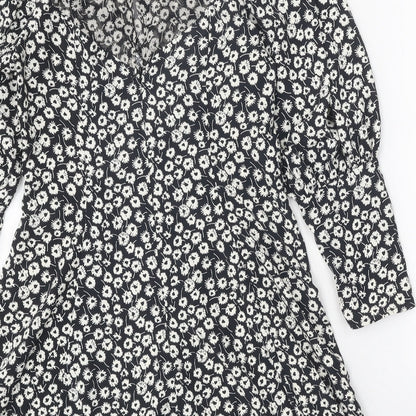 Topshop Womens Black Floral Polyester A-Line Size 10 Round Neck Zip