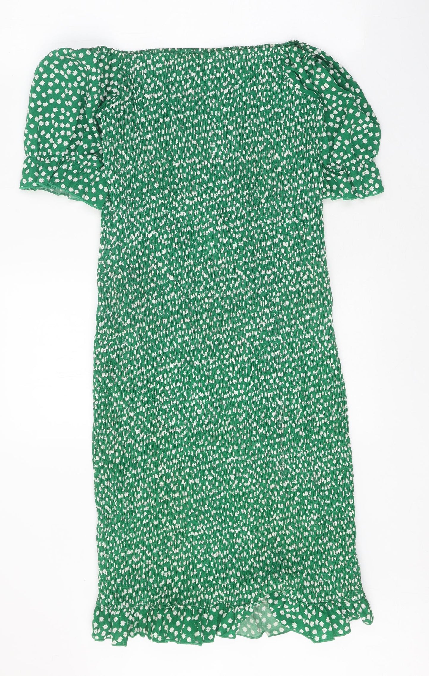 Preworn Womens Green Floral Polyester A-Line One Size Off the Shoulder Pullover - Shirred