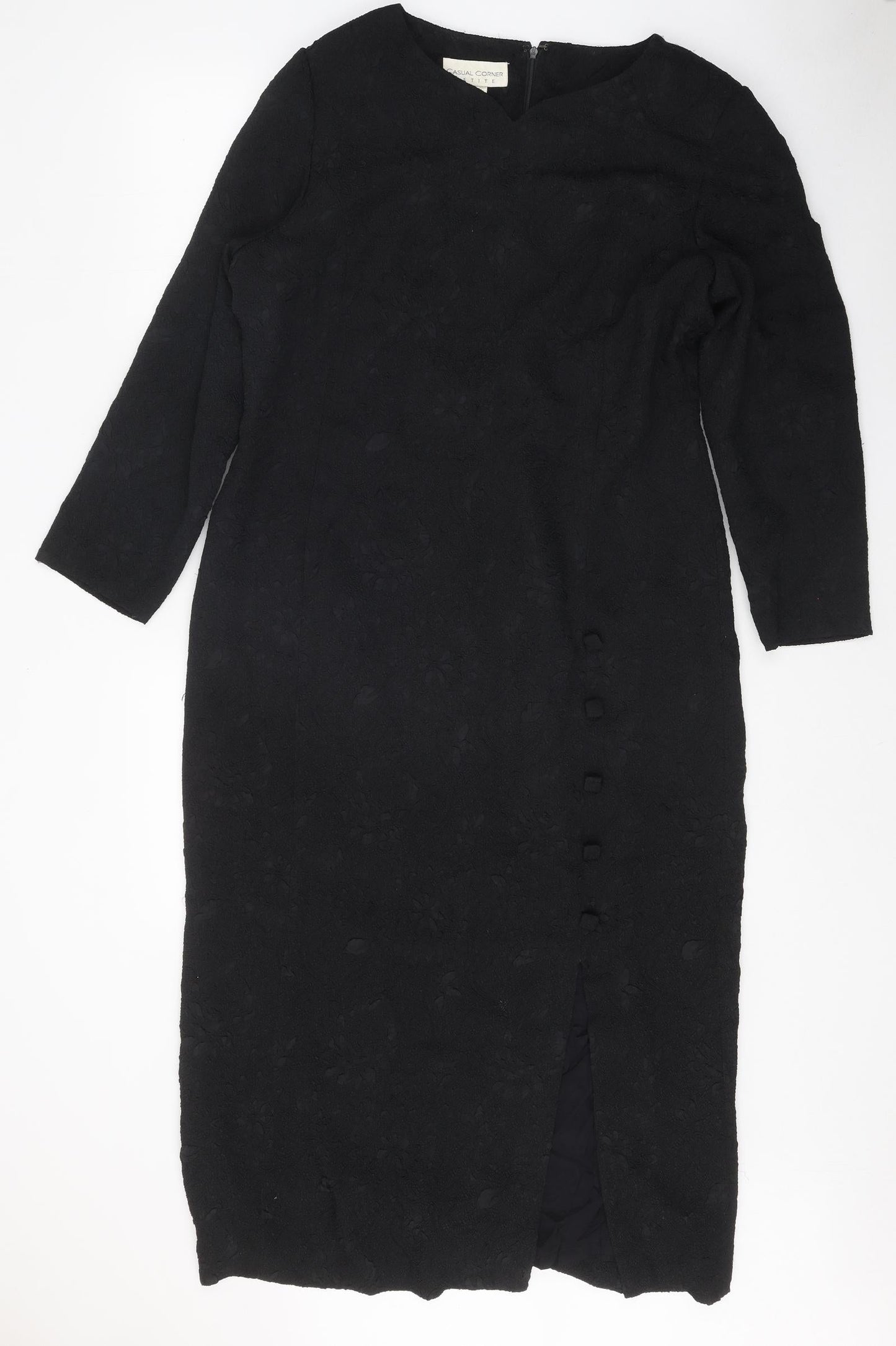 Casual Corner Womens Black Floral Polyester A-Line Size 12 Boat Neck Zip