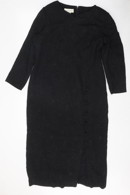 Casual Corner Womens Black Floral Polyester A-Line Size 12 Boat Neck Zip