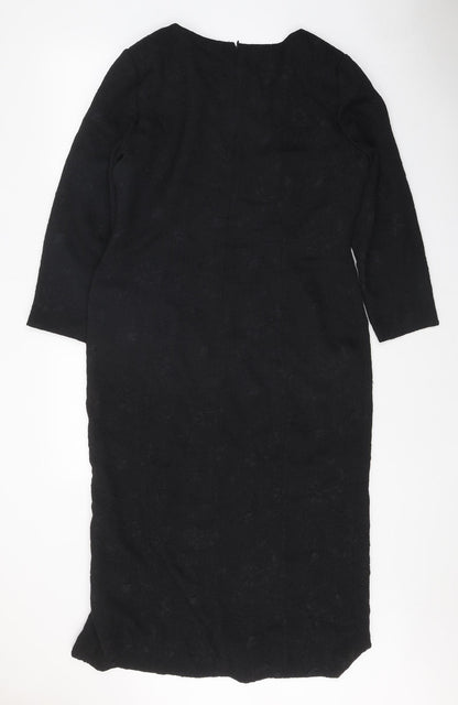 Casual Corner Womens Black Floral Polyester A-Line Size 12 Boat Neck Zip