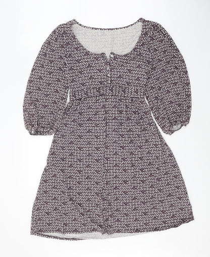 Wallis Womens Purple Gingham Viscose Fit & Flare Size 10 Scoop Neck Button