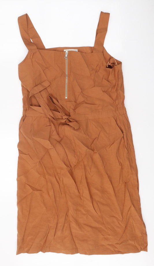 F&F Womens Orange Lyocell Pinafore/Dungaree Dress Size 10 Square Neck Zip