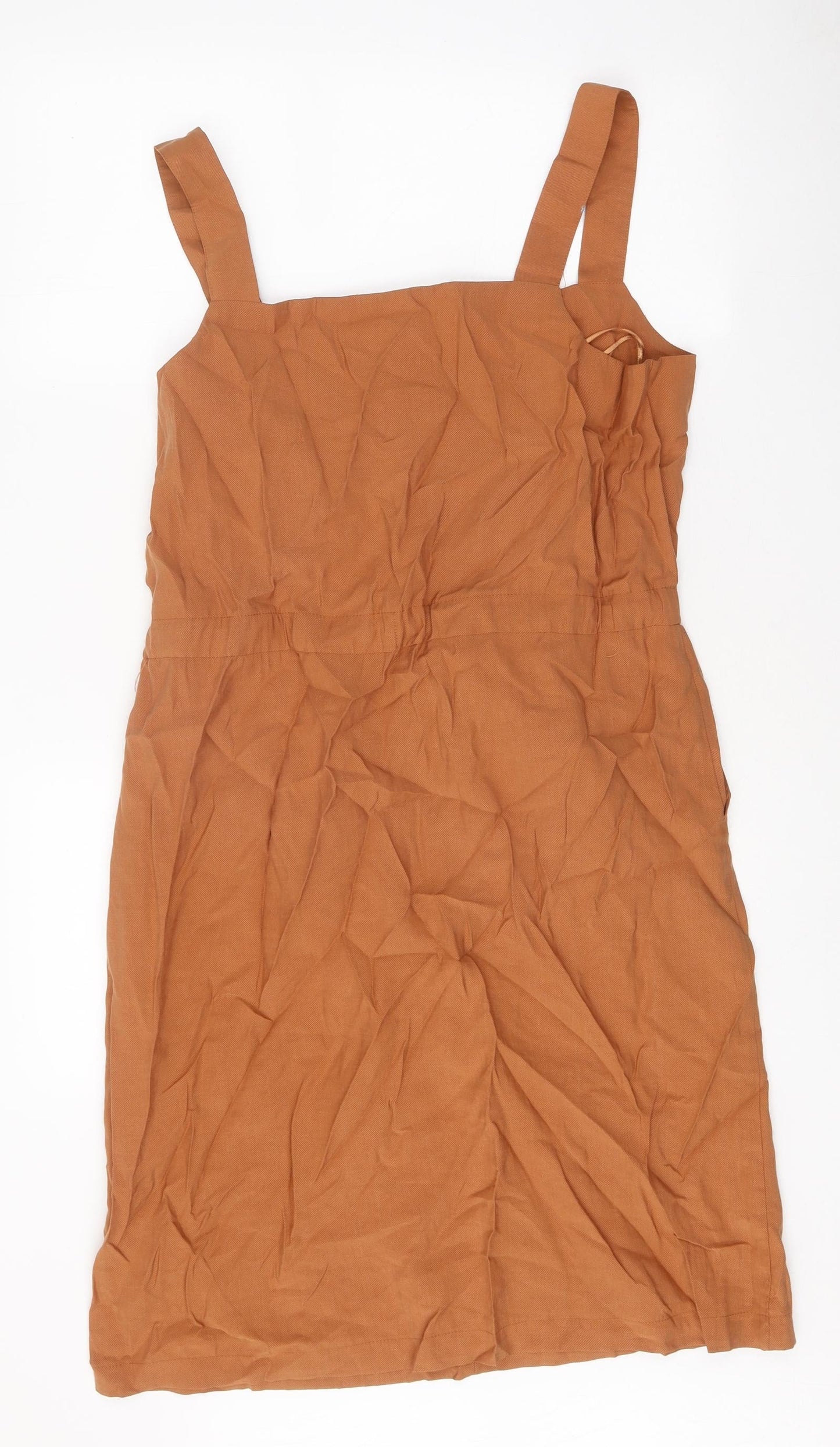 F&F Womens Orange Lyocell Pinafore/Dungaree Dress Size 10 Square Neck Zip