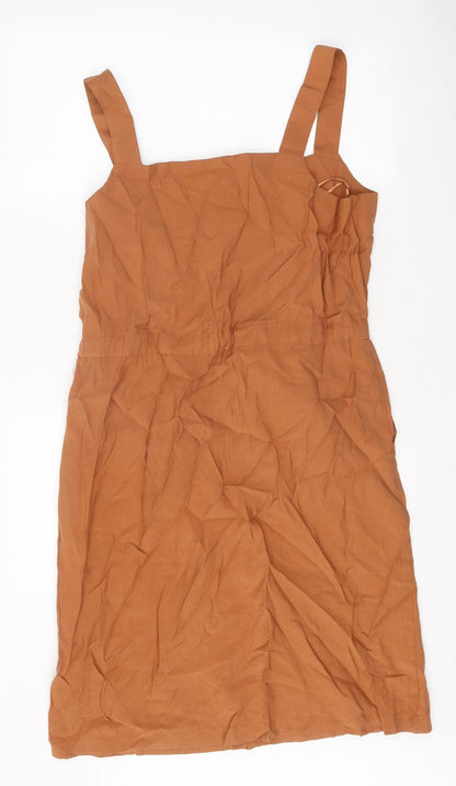 F&F Womens Orange Lyocell Pinafore/Dungaree Dress Size 10 Square Neck Zip