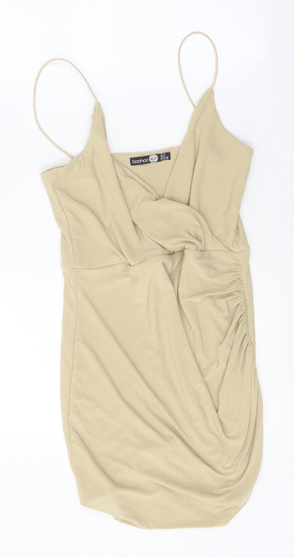 Boohoo Womens Beige Polyester Mini Size 10 V-Neck Pullover